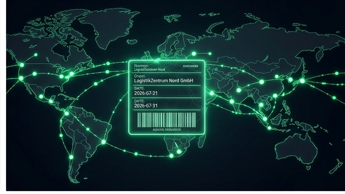 Weltkarte mit leuchtenden Logistik-Routen und einem gescannten Logistik-Label.
